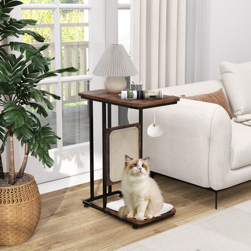 Rustic 4-in-1 Cat Side Table with Sisal Scratcher & Removable Cushion