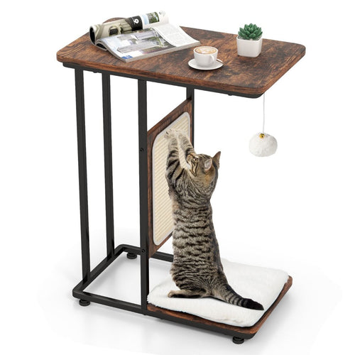 Rustic 4-in-1 Cat Side Table with Sisal Scratcher & Removable Cushion
