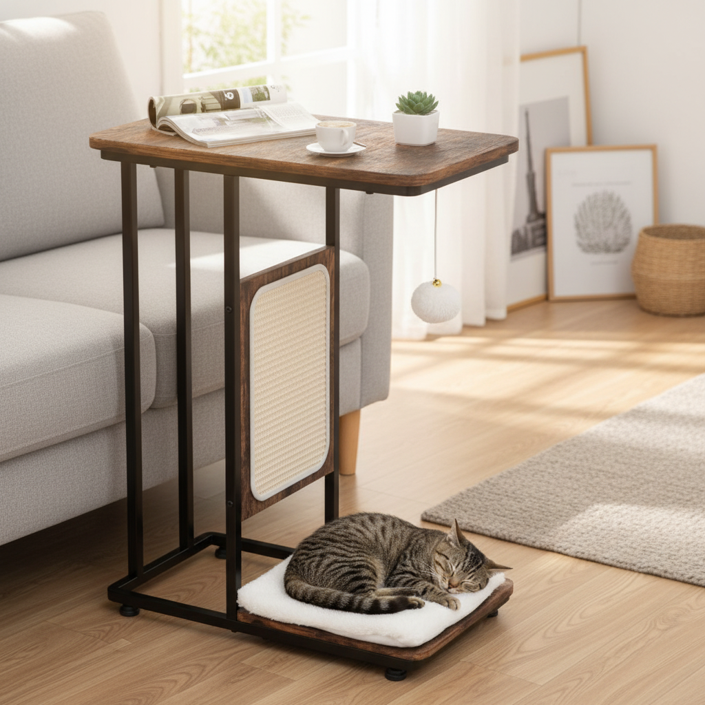 Cat napping on the cushion base of the rustic side table next to a sofa in a Scandinavian living room