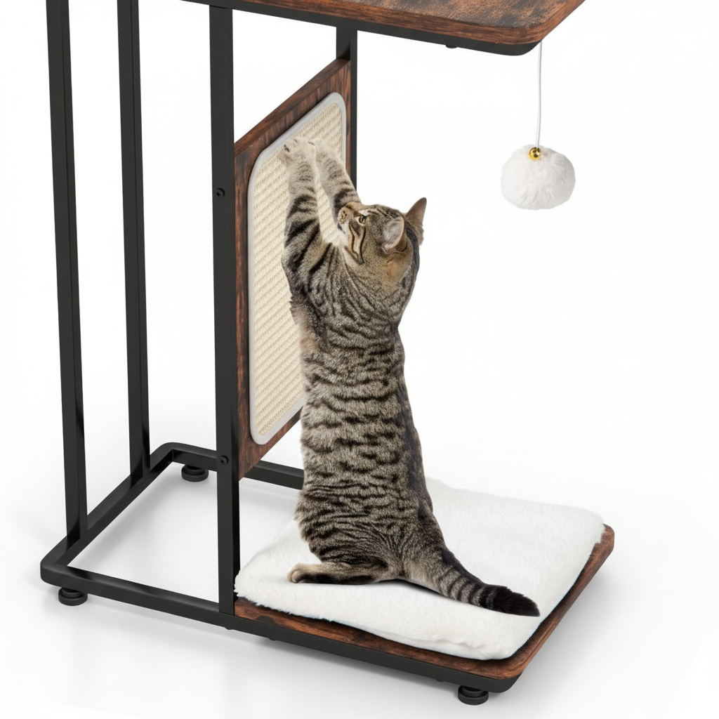Close-up of sisal scratching board and hanging toy ball on the cat side table